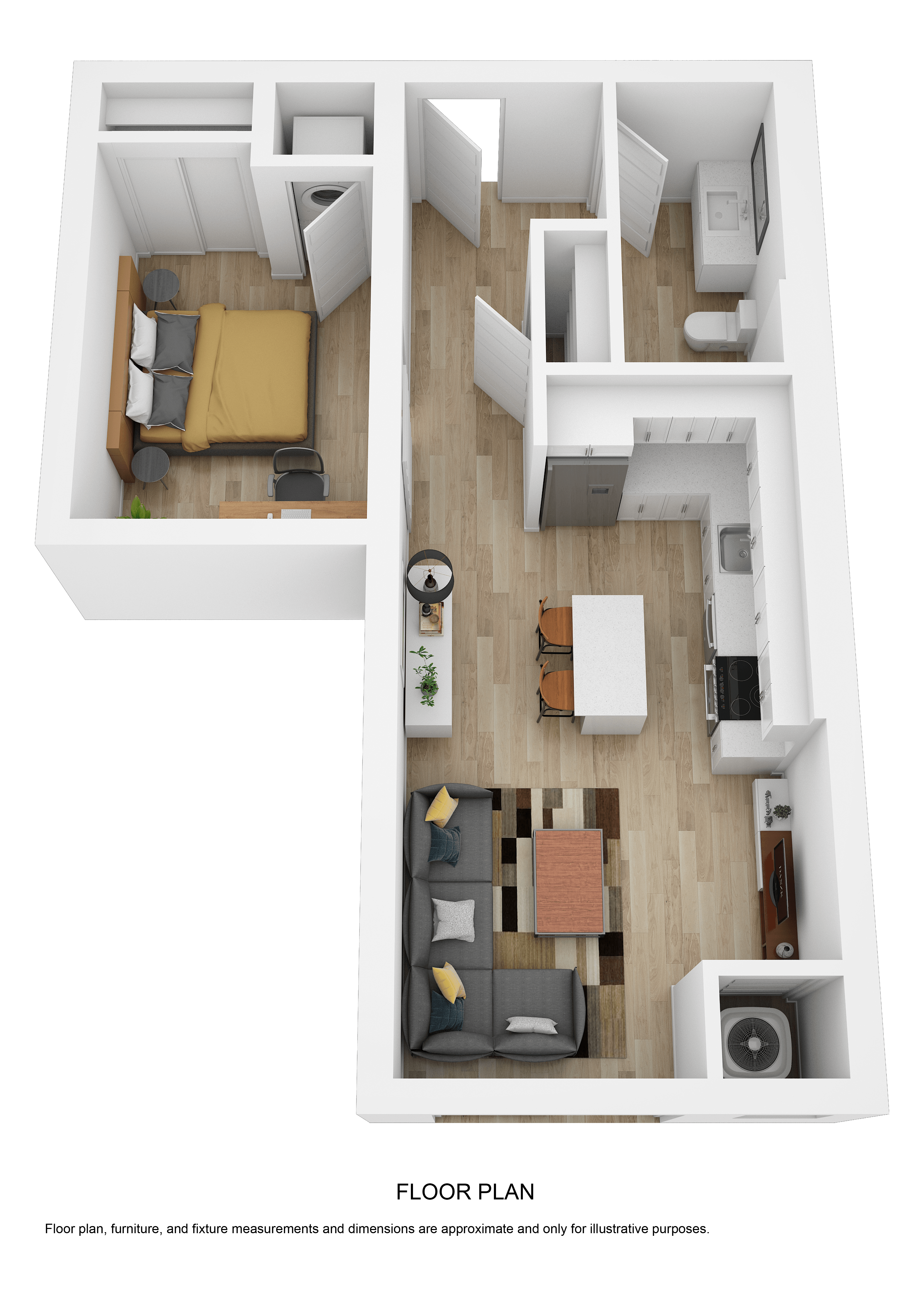 Floor plan for 1 bed, 1 bath, 602 sqft